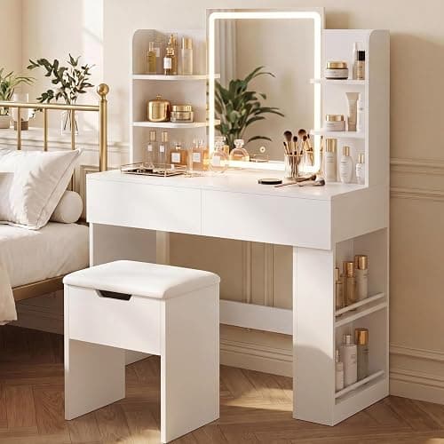 YESHOMY 35.4 Inch Vanity Desk Set with LED Mirror and Lights, Modern White | Makeup Vanity Set with 2 Drawers, Side Shelves, Storage Bench, Open Shelves and 3 Color Lighting Modes - Image 1