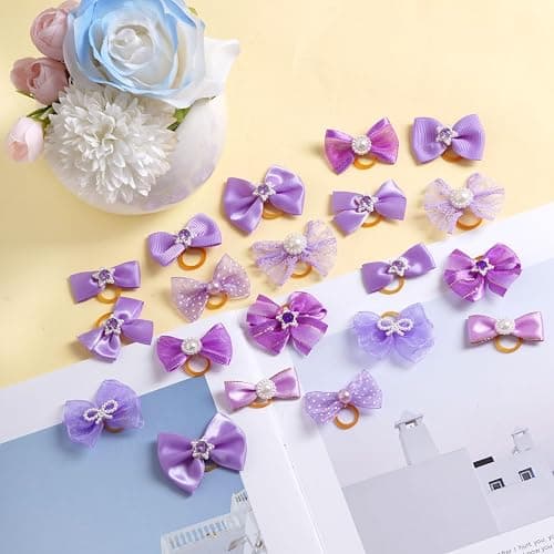 20 PCS Cute Dog Hair Bows with Rubber Bands Elastic Handmade Mix Style Lace Rhinestone Pearls for Furry Puppy Cat Pet Girl, Purple thumbnail 3