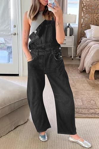 PLNOTME Womens Denim Bib Overalls Barrel Leg - Blaxk thumbnail 6