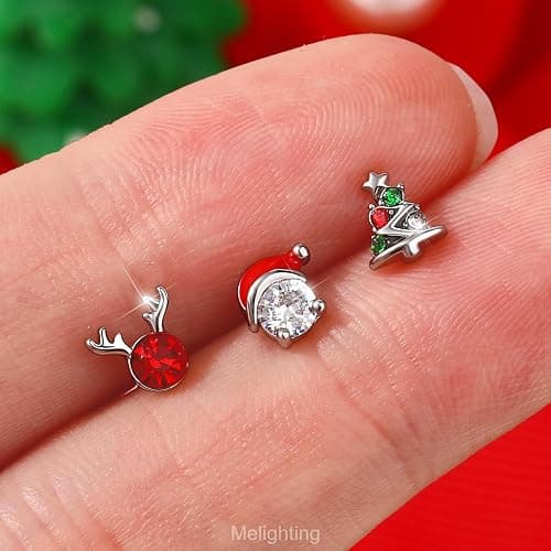MeIighting 3PCS 20G Christmas Nose Studs L-shaped, 7mm Santa Claus Tree Reindeer Nostril Piercing Jewelry, Stainless Steel 316L Christmas Elements Body Jewellery for Women thumbnail 2