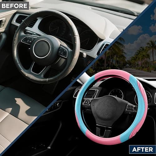 Road Comforts Car Steering Wheel Cover - Microfiber Leather Steering Wheel Wrap Sports 14.5-15 Inch Steering Wheel Cover Non-Slip for Men Women Pink & Blue Color thumbnail 3