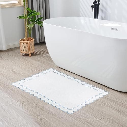 laoyuandamai ﻿ Scalloped Bath Mat Towel 100% Cotton Cute Bath Mats White Bath Rugs Embroidery Preppy Bathmats Bathroom Shower Floor Mats Blue Bathroom Decor (Blue, 27.6 x 18.9in, Classic) thumbnail 2