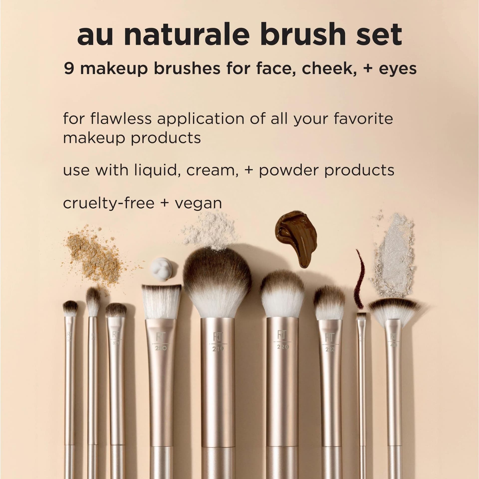 REAL TECHNIQUES Au Natural Makeup Brush Kit for Foundation, Powders and Concealers, Premium Quality Facial Brushes, Set of 9, Gold thumbnail 3