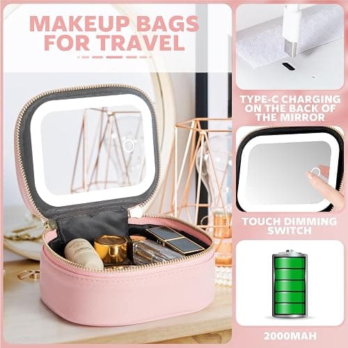 Small Makeup Bag with Led Mirror, Mini Travel Make up Bag 3 Light Modes Adjustable Brightness, for Women Organizer Cosmetic Bag, Portable Travel Train Toiletry Bag, for Pool Parties Work Touch-Ups thumbnail 4