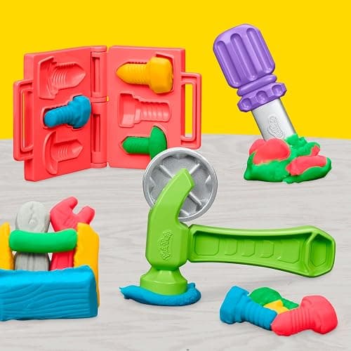 Play-Doh Werkbank Spielset, 5 x 56 g Dosen Modelliermasse in bunten Farben, mit Kreissäge-Spielzeug, Werkzeug und Stempel, kreatives für Kinder ab 3 Jahren - Werkzeugbank thumbnail 6