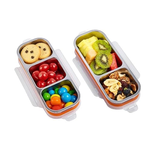 Etvski Stainless Steel Snack Box Container - 2 Pack Bento Box for Kids & Adults, 3 Compartment Leak-Proof Snack Containers with Lids (Orange) - Image 1