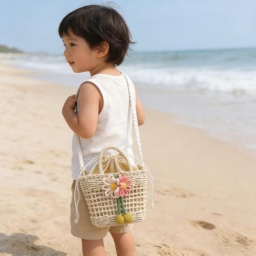 Straw bag, Personalized Flower Straw Crossbody Bag for Kids,little girl purses,Christmas Birthday Gift for Girl Her thumbnail 2