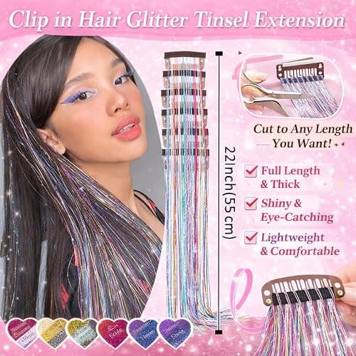Hair Tinsel Kit Clip in for Kids 12 Pcs Fairy Glitter Tinsel Hair Extension | 22 Inch Gold/Rainbow Hair Tinsel Heat Resistant Hair Accessories for Women Girls Festival Birthday Party Festival thumbnail 5