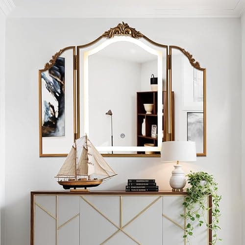 HSDDHOME Antique Gold Triple Fold Makeup Mirror with Tri-Color LED Lighting & Dimming, Baroque Carved Arch Vintage Vanity Mirror, Bohemian Decor for Bedroom/Dressing Room, 31x23 Inch thumbnail 9