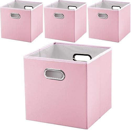 PRANDOM Leather Foldable Cube Storage Bins 11x11 inch [4-Pack] Fabric Storage Baskets Cubes Drawer with Cotton Handles Organizer for Shelves Nursery Closet Bedroom Clothes Pink - Image 1