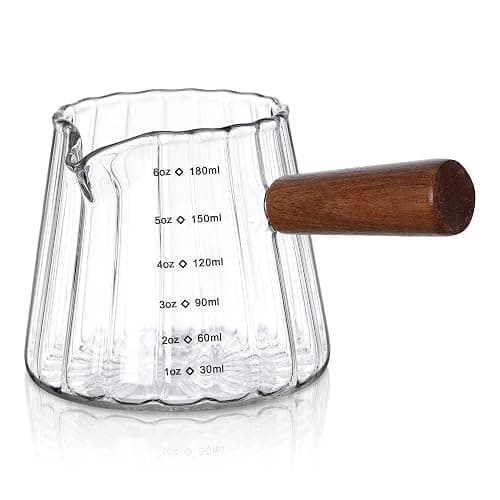 Joeyan 6 oz Glass Measuring Cups with Spout,Borosilicate Glass Triple Pitcher with Scale,Origami Style Espresso Shot Glasses with Wood Handle for Coffee Milk,Dishwasher Safe - Image 1
