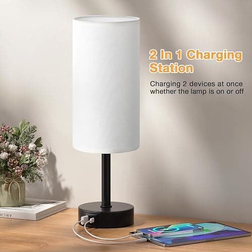 PreeOtti Bedside Lamps Set of 2, Dimmable White Bed Side Lamp with 2 USB Charging Ports, Black Base (Bulbs Included) thumbnail 3