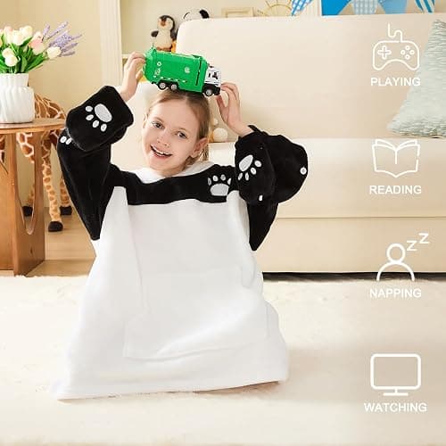 IFNOW Wearable Blanket Hoodie Kids, Oversized Fleece Blanket Sweatshirt Christmas Birthday Gifts for Boys, Girls, Teen Hoodie with Portable Foldable Blanket Pillow, Animal Embroidery 5-15 Years, Panda thumbnail 7