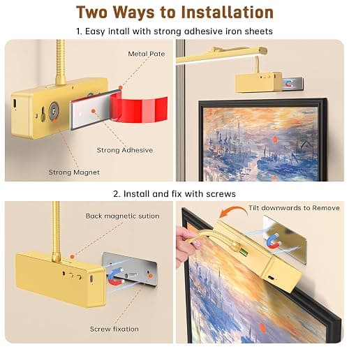 Picture Light, 15.35inch Wireless Picture Lights for Wall Rechargeable, 5400mAh Battery Wall Light with Remote, 3 Color Art Lighting for Paintings with Timer and Dimmable for Display, Gallery (Gold) thumbnail 4
