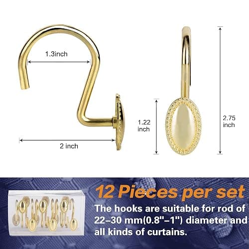 Shower Curtain Hooks, Decorative Acrylic Shower Curtain Rings, Rust Resistant Metal Shower Hooks for Bathroom, Glide Shower Rings for Shower Curtain and Liner, Set of 12, Gold - Gold thumbnail 6