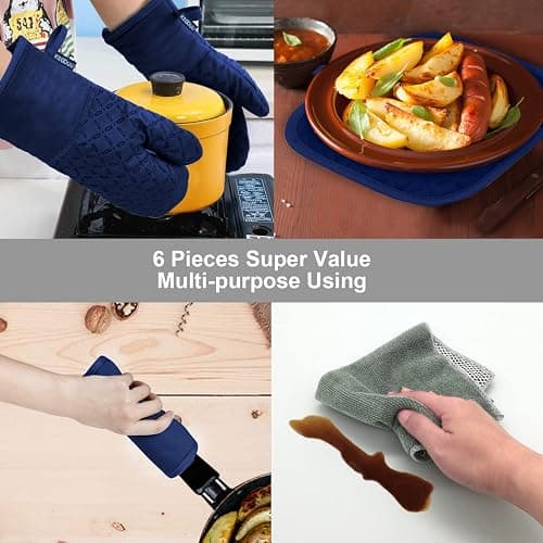 KEGOUU Oven Mitts and Pot Holders 6pcs Set, Kitchen Oven Glove High Heat Resistant 500 Degree Extra Long Oven Mitts and Potholder with Non-Slip Silicone Surface for Cooking(Marine Blue) thumbnail 7