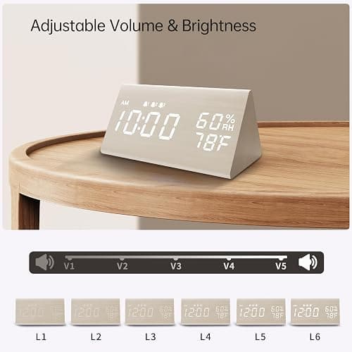 Digital Alarm Clock, with Wooden Electronic LED Time Display, 3 Alarm Settings, Humidity & Temperature Detect, Wood Made Electric Clocks for Bedroom, Bedside, Desk, White - White thumbnail 5