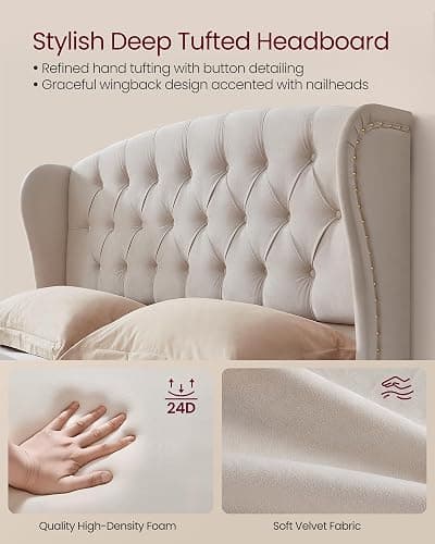 VASAGLE Queen Bed Frame with Tall Headboard, Upholstered Platform Bed Frame Queen Size, with Wingback Tufted Headboard and Footboard, Wooden Slats, No Box Spring Needed, Cappuccino Beige URMB881W01 thumbnail 4