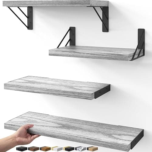 BAYKA Wall Shelves for Bedroom Decor, Floating Shelves for Living Room Kitchen Storage, Wall Mounted Rustic Wood Floating Shelves for Kids Books, Corner Shelf for Bathroom(Gray White,Set of 4) - Image 1