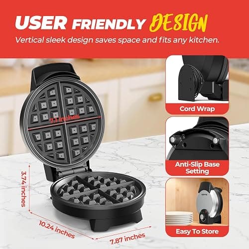 Waffle Maker, 7“ Round Classic Belgian Waffle Iron, Adjustable Browning Control, Easy-Clean Nonstick Plates & Cool Touch Handle, Space Saving Storage, Stainless Steel thumbnail 3
