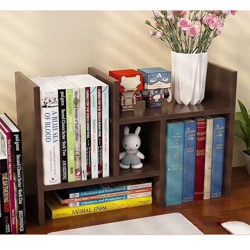 VOVCIG Desktop Organizer Expandable Office Storage Rack Adjustable Wood Display Shelf Rack Small Bookshelf Office Supplies Storage Shelf, 5 Units(Dark Brown) thumbnail 2