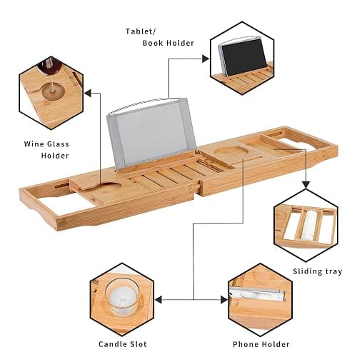 Utoplike Bathtub Caddy Tray, Bamboo Tub Tray with Sliding Towel Holder, Bath Table with Book Holder, Phone Stand and Adjustable Book Reading Rack, Tablet Slots thumbnail 5