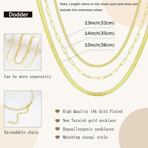 Gold Layered Necklaces for Women, 14K Gold Plated Dainty Gold Chain Choker Necklace Stack, Herringbone Gold Necklaces Set thumbnail 6