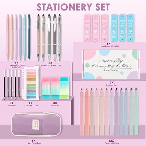 39PCS Aesthetic School Supplies with Cute Pencil Case, 5X Ballpoint Pens with Stylus Tip, 12X Pastel Highlighters, 6X Mechanical Pencil Set 0.5&0.7mm, Suit for Preppy School College Essentials(purple) thumbnail 2