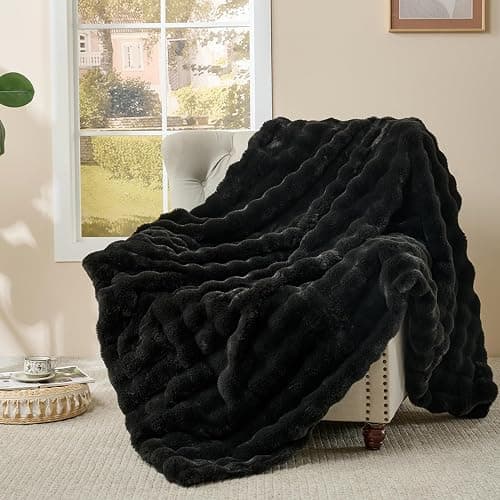 Wajade Fluffy Faux Fur Throw Blanket for Couch Bed 50x60 Inches, Luxury Ultra Soft Thick Fuzzy Plush Bubble Blanket, Reversible Warm Cozy Blanket for Sofa Chair, Black - Image 1
