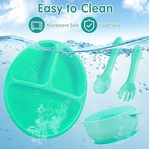 CHENGU 12 Pcs Silicone Bowl with Suction Set for Baby Toddler with Suction Plate, Spoon and Fork, Divided Design Baby Feeding Utensils Weaning Kit, Dishwasher and Microwave Safe thumbnail 5