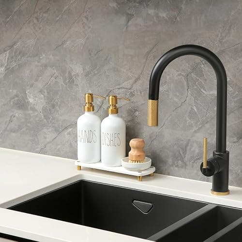MOMEEMO Gold Soap Dispenser Set Comes with Stainless Steel Pumps, Instant Dry Tray, and Dish Scrub Brush, Suitable for Kitchen Decor and Accessories. (Gold) thumbnail 2