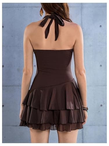 SOLY HUX Women's Summer Halter Backless Mini Dress Flowy Sleeveless V Neck Tie Back A Line Western Casual Sun Dresses thumbnail 3