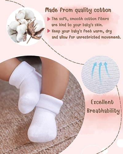 RATIVE Newborn 0-3 Months and Infant 3-12 Months Thick Terry Turn Cuff Socks for Baby Boys Girls - 0-3 Months - 12-pairs/White thumbnail 3