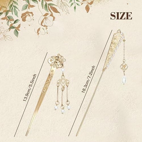 Lawie 10 Pack Retro Gold Metal Long Hair Sticks Pins with Pearl Jade Dangles Tassels Pendants Chinese Hanfu Asian Flower Butterfly Hair Chopsticks Hair Picks Bun Forks Holders Hairpins for Women Girls thumbnail 3