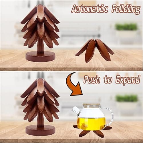 Wooden Trivets for Hot Dishes, Tree Shape Trivet Set, 4 Wooden Trivets + 1 Stand, Stackable Christmas Tree Design, Natural Foldable Kitchen Wooden Trivet, for Pans, Pot, Bowl, Teapot, Hot Pot Holder thumbnail 6