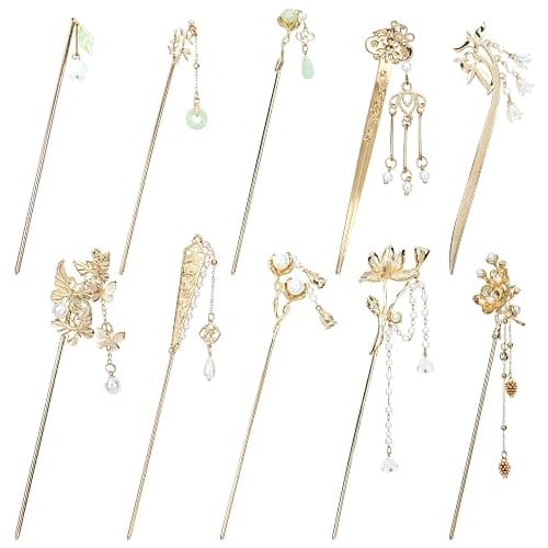Lawie 10 Pack Retro Gold Metal Long Hair Sticks Pins with Pearl Jade Dangles Tassels Pendants Chinese Hanfu Asian Flower Butterfly Hair Chopsticks Hair Picks Bun Forks Holders Hairpins for Women Girls - Image 1