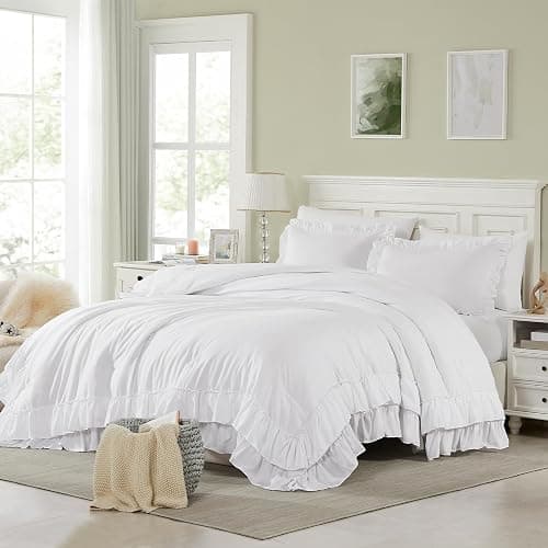 Cupocupa White Full Comforter Set, 3Pcs Comforters Ruffle Farmhouse Bedding Sets Full with Comforter, Lightweight Soft Shabby Chic Bedding Comforter Set Fluffy for All Season (White, F) - Image 1
