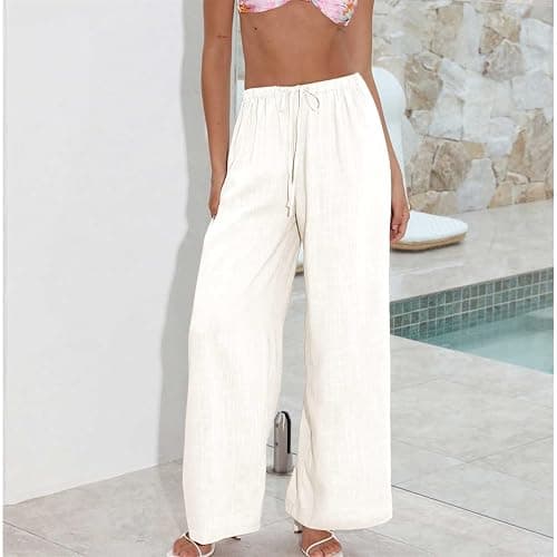 Duyang Womens Cotton Linen Palazzo Pants Drawstring Elastic Waist Casual Wide Leg Trousers with Pockets thumbnail 4