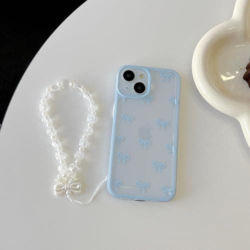 EYZUTAK Case for iPhone 15, Clear Cute Ribbon Bowknot Aesthetic Phone Case with Charm Bracelet Chain Raised Camera Protection Stylish Soft Durable TPU Protective Cover for Women Girls - Blue thumbnail 3