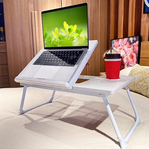 CloudTrip Laptop Desk for Bed or Couch, Lap Desk, Woking in Bed Desk, Home Office Desks, Breakfast Tray, Desk with Cup Holder, Watching Movies in Bed, Laptop Stand for Bed, Fordable Legs Desk (White) thumbnail 2