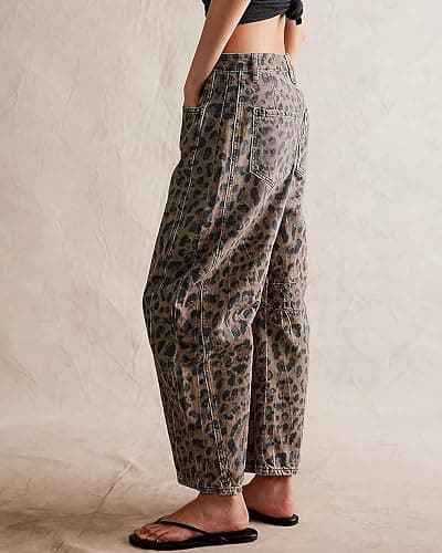 Kedera Women's Baggy Barrel Jeans Casual Boyfriend Mid Rise Leopard Printed Wide Leg Denim Ankle Pants thumbnail 3