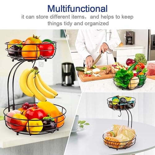 Auledio Iron 2-Tier Countertop Fruit Vegetables Basket Bowl Storage With Banana Hanger, Black, 64 ounces thumbnail 7