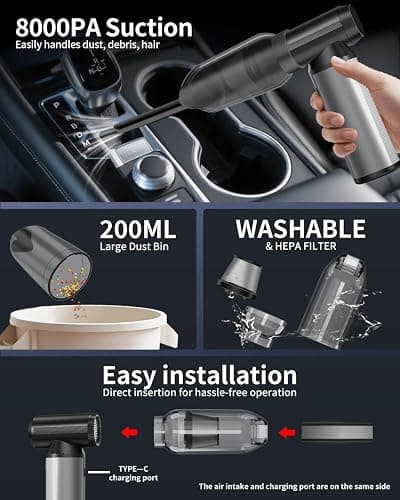 Compressed Air Duster, 2-in-1 Duster Blower & Vacuum with 320000RPM Super Power, Electric Air Duster Rechargeable, 3-Gear Adjustable Air Blower for Keyboard, Computer, Car, Home, and Outdoor Cleaning thumbnail 7
