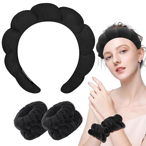 Zkptops Spa Headband for Washing Face Wristband Sponge Makeup Skincare Headband Terry Cloth Bubble Soft Get Ready Hairband for Women Girl Puffy Padded Headwear Non Slip Thick Hair Accessory(Black) thumbnail 8