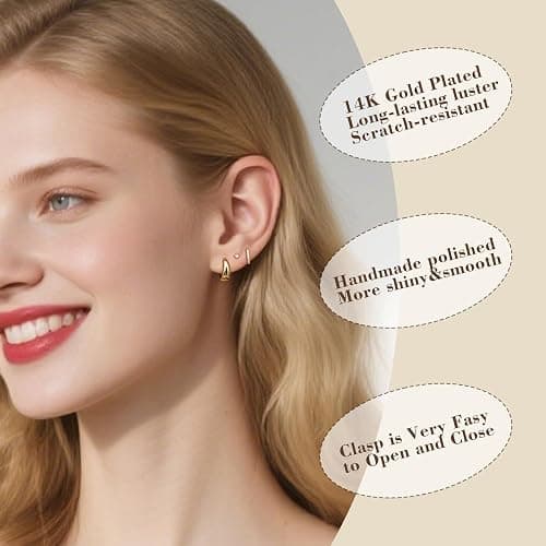 Styleeary Gold Earrings for Women, Small Chunky 14K Gold Plated Hypoallergenic Huggie Hoop Earring Sets for Multiple Piercing, Lightweight Stud Earrings,Tiny Ball CZ Cartilage Earrings Stack 3Pairs thumbnail 7