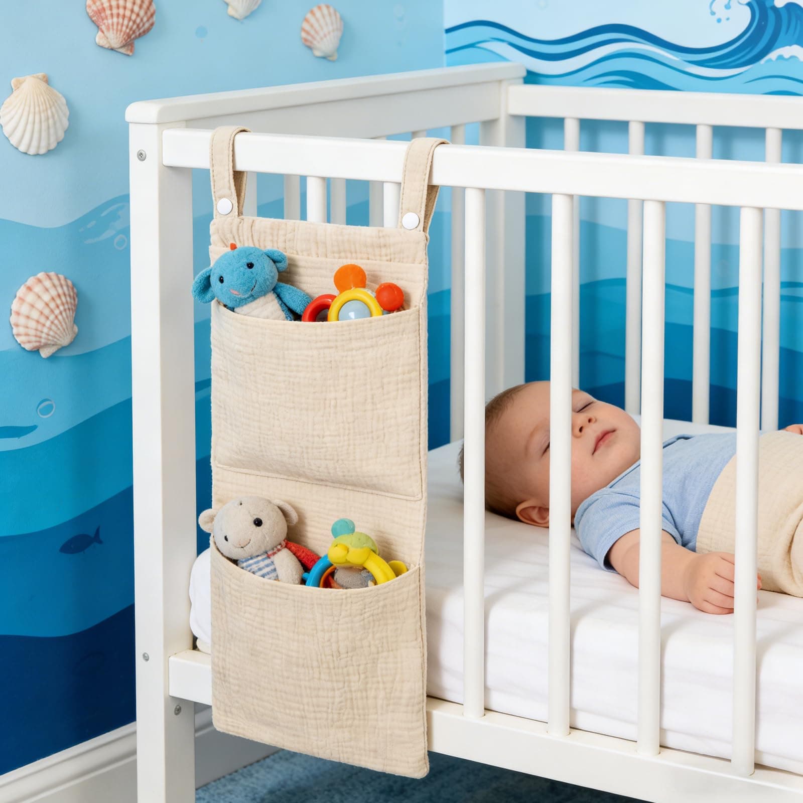 1-Pack Baby Crib Organizer, Hanging Storage Bag, Diaper Caddy, Attach to Crib Side for Diapers, Toys, Clothing, Khaki Color thumbnail 7