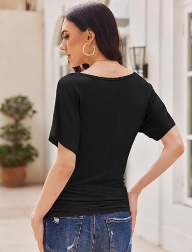Misakia Womens Ruched Tops Casual T Shirts Dolman Short Sleeve Shirts Boat Neck Summer Off Shoulder Batwing Tops 2025 thumbnail 6
