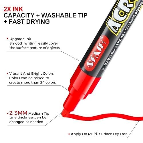 SFAIH Acrylic Creative Markers - 3mm Replaceable Nibs 24 Colors, Large Ink Capacity, Ultra-High Coverage, Non-Bleeding Water-Based Ink, Drawing Markers for Art Supplies, Wood, Fabric, Rock Painting thumbnail 6