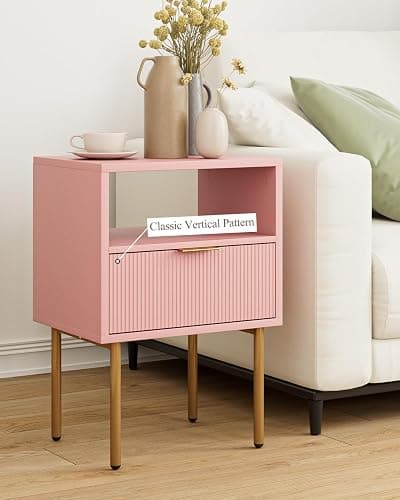 Masupu Night Stand,Mid-Century Modern Bedside Table with Storage Drawer and Open Wood Shelf,Small Gold Frame Side Table for Bedroom,Living Room, Pink thumbnail 6