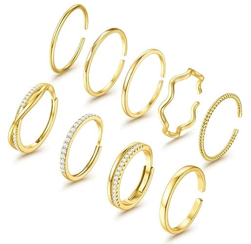 Jstyle Gold Stackable Rings for Women Non Tarnish Open Adjustable Rings Cubic Zirconia Thin Thumb Silver Ring Set 14K Gold Filled Pinky Knuckle Stacking Set - Dainty Statement Promise Band Ring Sets - Image 1